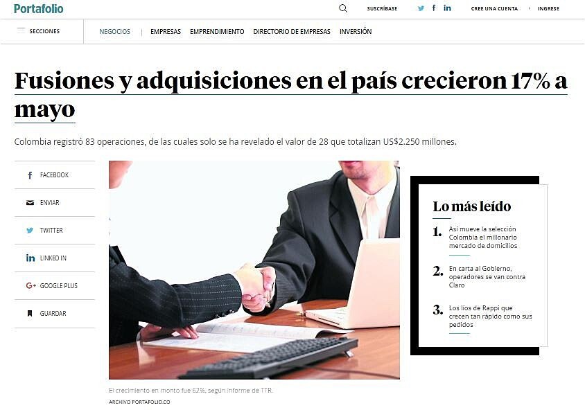 Fusiones y adquisiciones en el pas crecieron 17% a mayo